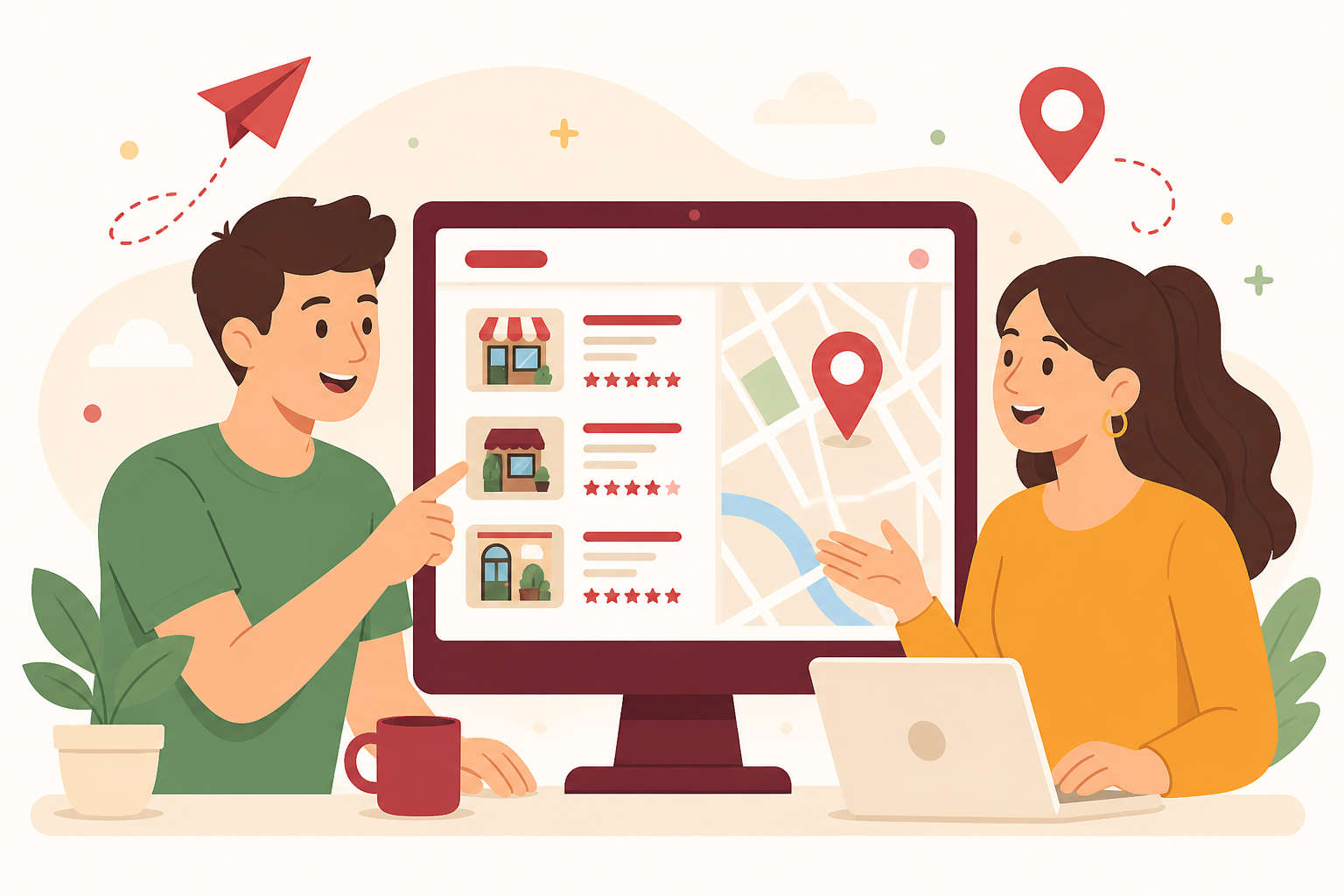 Illustration of a business owner and a creator collaborating on the Bihar Bizwagon platform